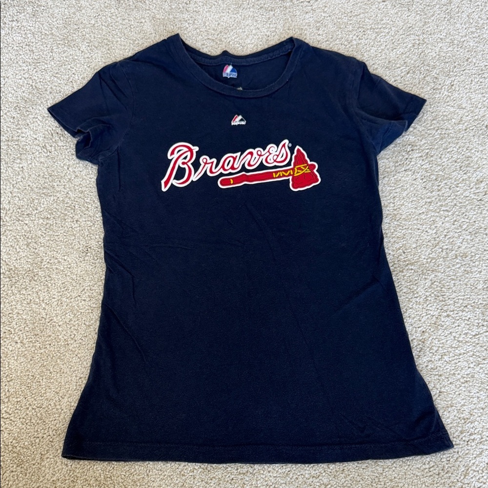 Majestic Navy Atlanta Braves Short Sleeve Tee with Red and White Logo